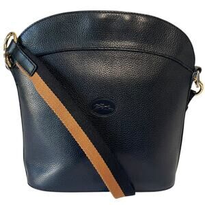 Vintage Longchamp Leather Bag Crossbody Shoulder Bag Adjustable Dark Blue Gold